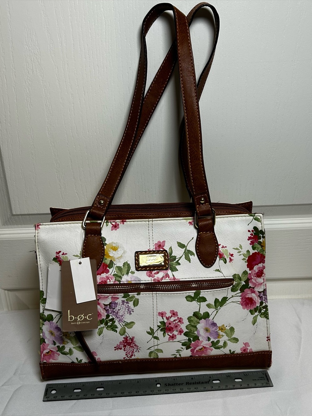 b.o.c. Born Concept Floral Satchel Handbag White Faux Leather Brown Trim 12.5”
